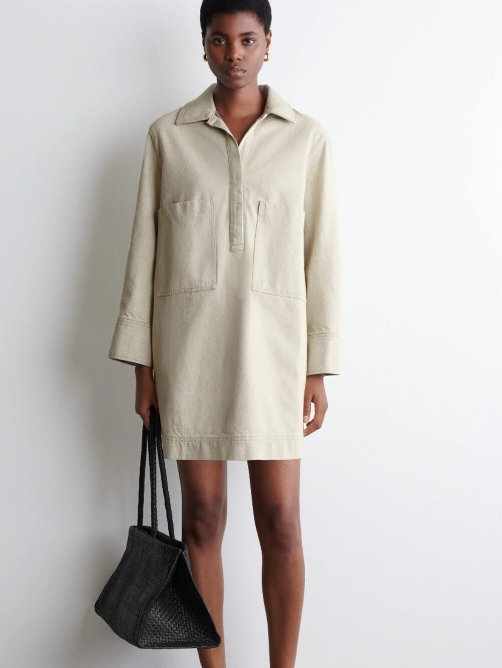 Pomander Place Tuckernuck Long Sleeve Cream Utility Shift Dress Collarless Sz M
